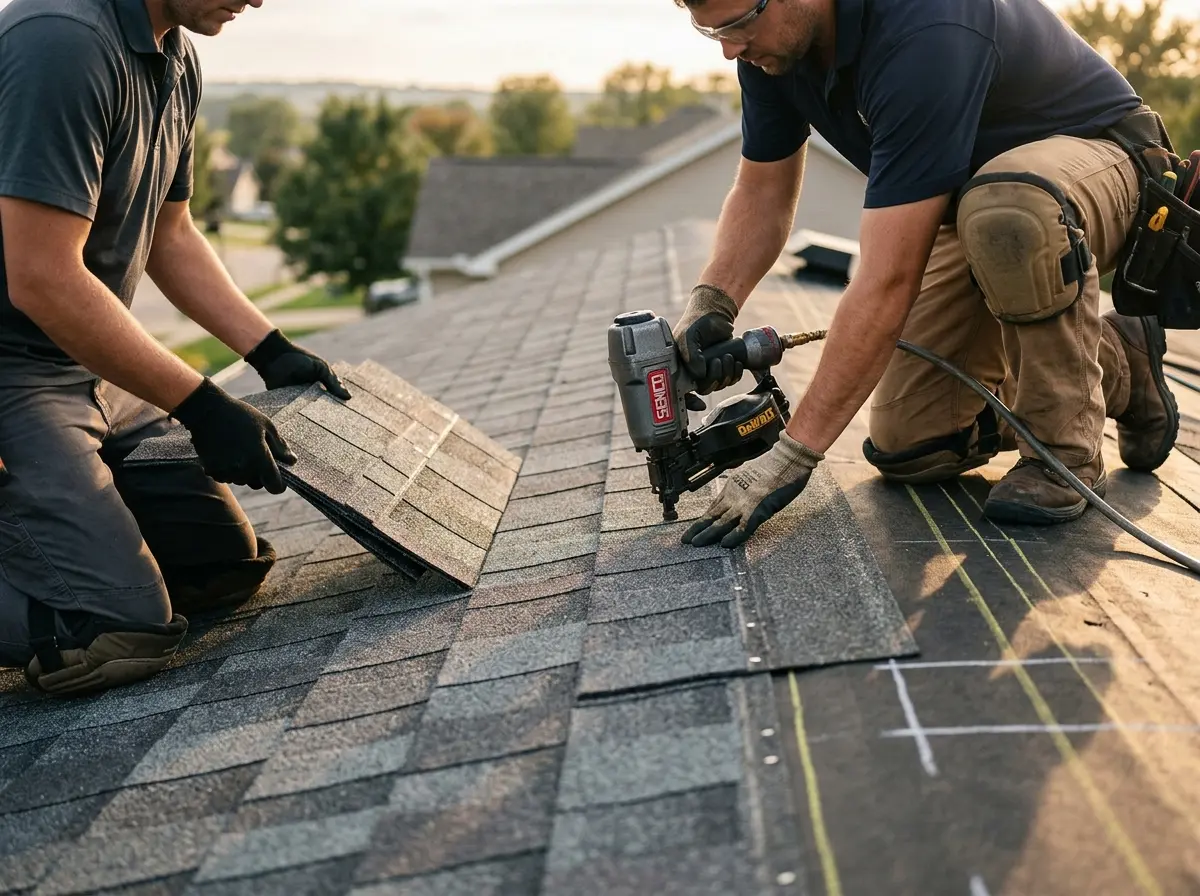 Professional roofer working on a residential roof in Tinley Park